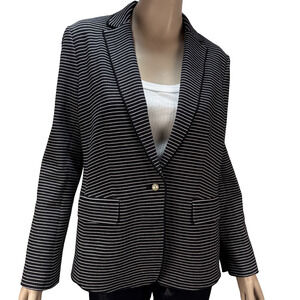 Ann Taylor Black White Stripe Blazer Pearl Button Size 10 Classic Preppy Neutral